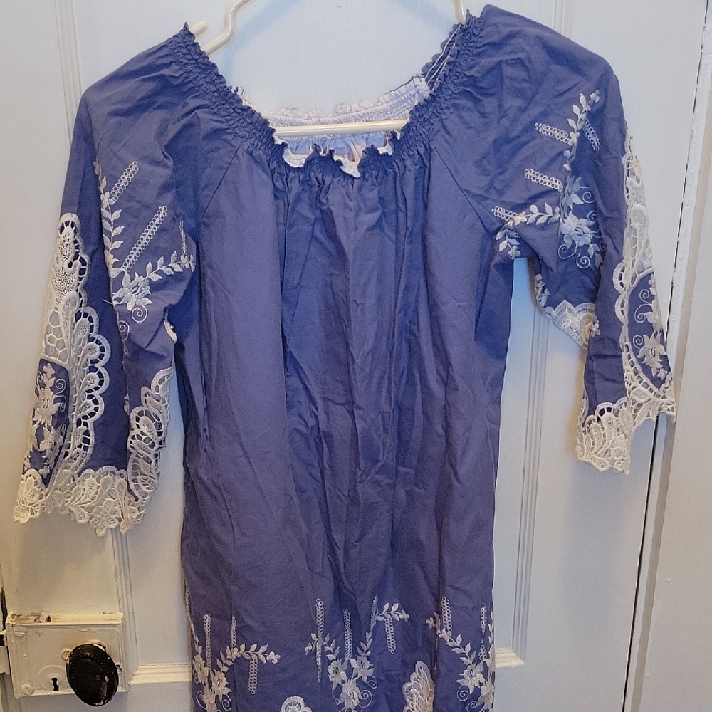 Halabaloo Blue Dress with White Lace Accents